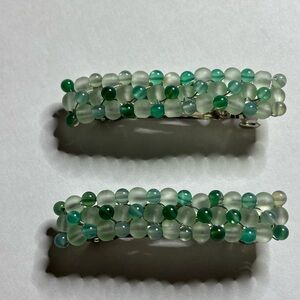 Hand crafted set of barrettes with green onyx stones and green matte glass beads